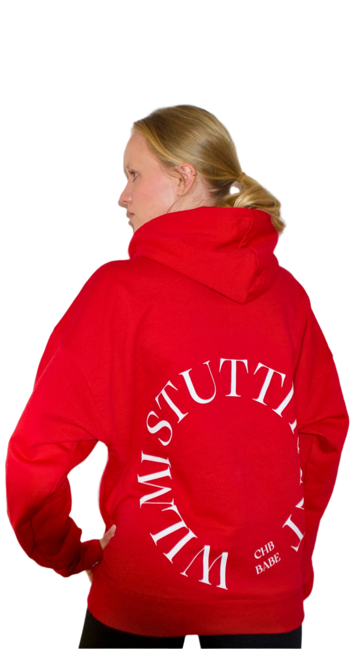 Roter Hoodie mit Schriftzug "STUTTI KANT WILMI CHB BABE"